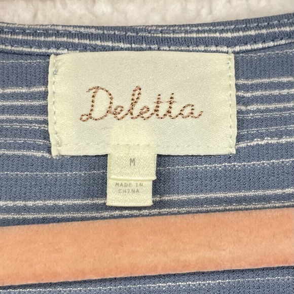 Deletta Womens Shirt Medium Blue White Striped V Neck Anthropologie Knot Stretch - Picture 3 of 10